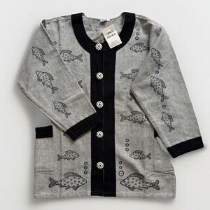 New VTG Venus Imports Fish Print Cotton Jacket Women L Nepal Hand Block Boho Art